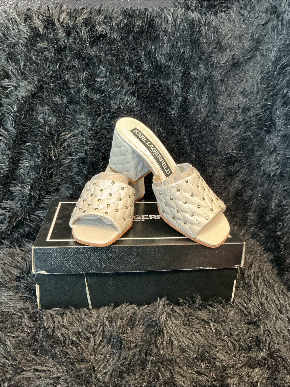Karl Lagerfeld Quilted Pearl-Stud Slide Sandals in soft white